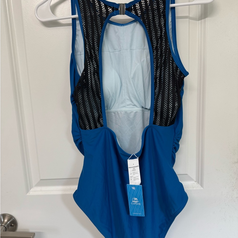 Cupshe Blue and Black Mesh One Piece Swimsuit